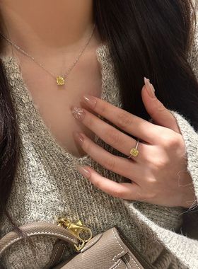 枕形切割招财黄钻戒指项链通体S925纯银高碳钻富家千金钻戒锁骨链