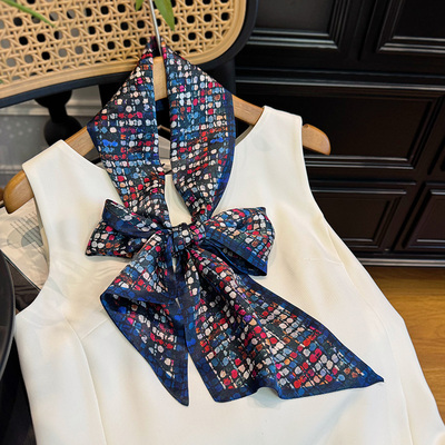 红蓝色真丝丝巾女尖角小长条百搭