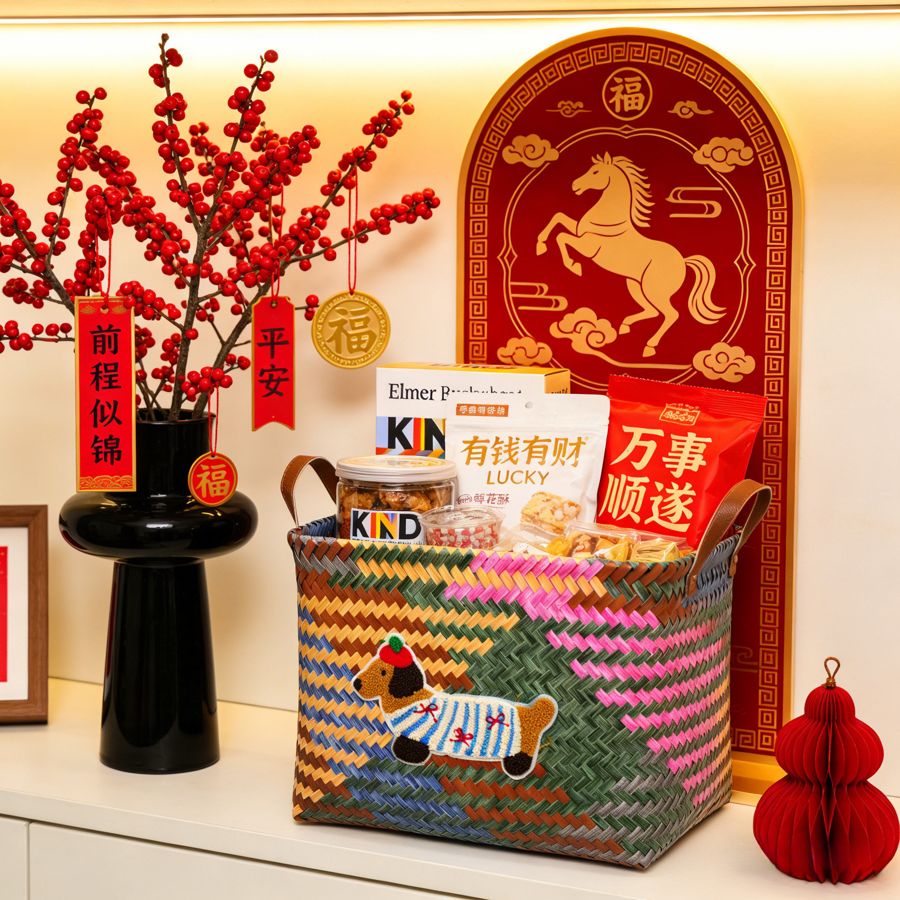 零食收纳筐客厅糖果干果摆放腊肠狗桌面收纳盒乔迁礼物仿藤编篮子