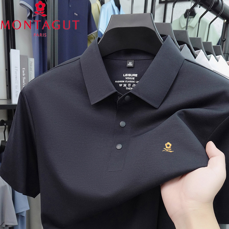 梦特娇夏季新款桑蚕丝男士翻领POLO衫中老年商务休闲高端短袖T恤