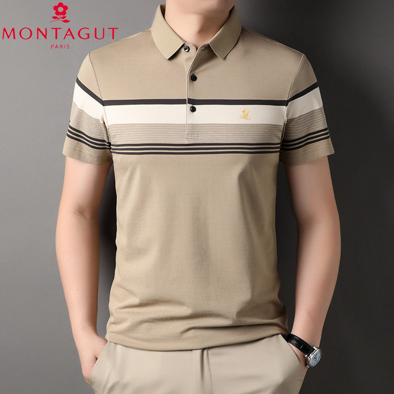 梦特娇夏季新款纯棉POLO衫男士翻领条纹商务休闲高端短袖T恤上衣