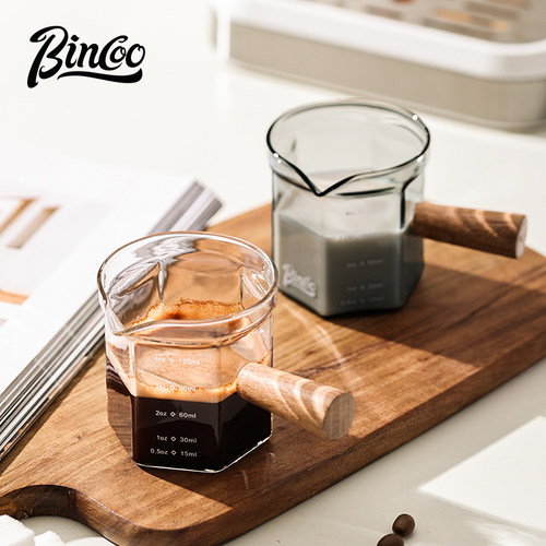 Bincoo玻璃咖啡萃取杯木柄意式浓缩量杯带刻度小奶盅接液杯盎司杯