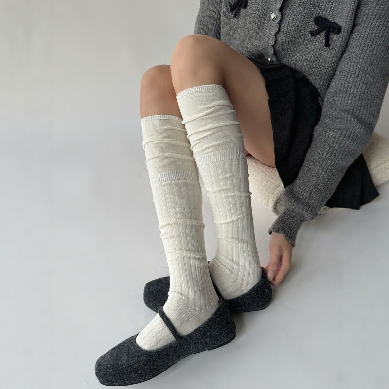 竖条纹过膝袜子女秋冬日系奶白色拼接蕾丝长筒袜显瘦JK高筒堆堆袜