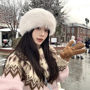 哈尔滨旅游!白色毛绒蒙古帽女冬季防寒保暖渔夫帽时尚百搭毛绒帽