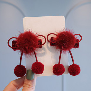 新年喜庆双马尾对夹宝宝可爱毛球蝴蝶结发夹儿童公主顶夹发卡头饰