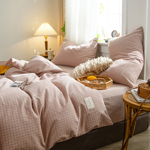 美国kingsize四件套 色织水洗棉全棉被套床单床笠款床上套件queen