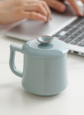 新款汝窑束腰办公杯开片可养带盖杯子个人专用家用泡茶杯伴手礼品