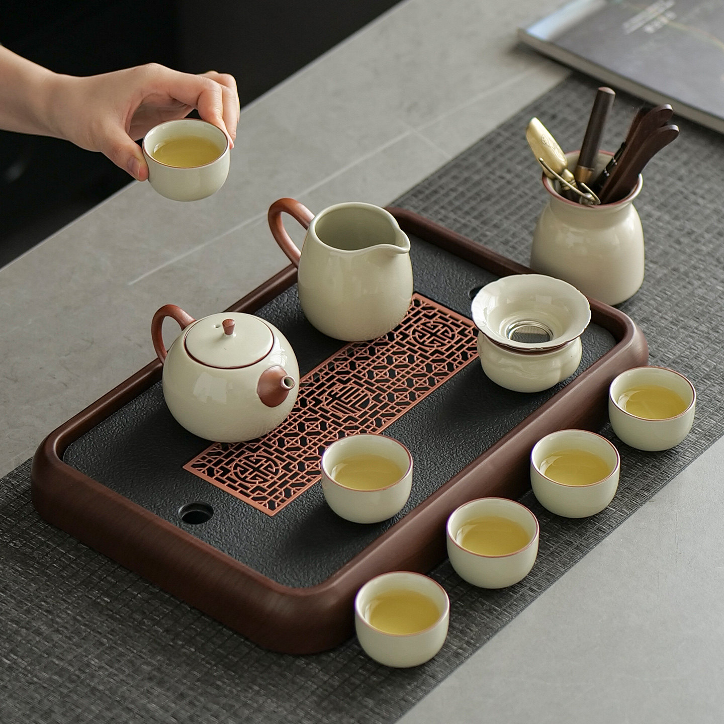 汝窑功夫茶具套装家用会客厅泡茶壶高档轻奢茶杯整套茶盘2025新款,餐饮具,整套茶具,淘宝优惠券,粉丝福利购,淘宝优惠卷