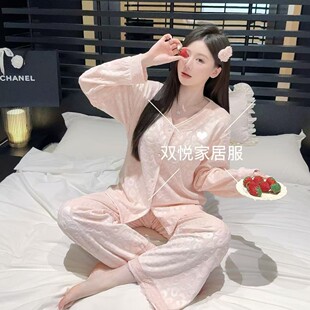 保暖套装 长袖 超柔海岛绒女士秋冬家居服宽松版 蕾丝粉豹纹2025款