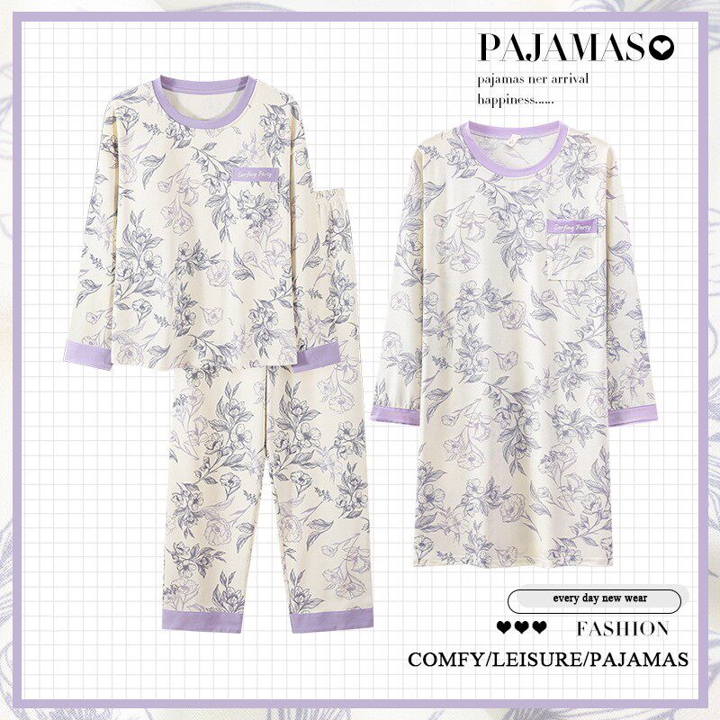 四棉三件套国风紫花纹秋冬棉睡衣长袖三件套碎花家居服套装2586
