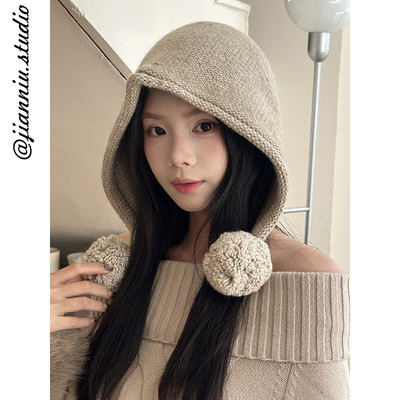 过冬帽子风针织毛线帽子女秋冬季保暖护耳包头帽显脸小百搭套头帽