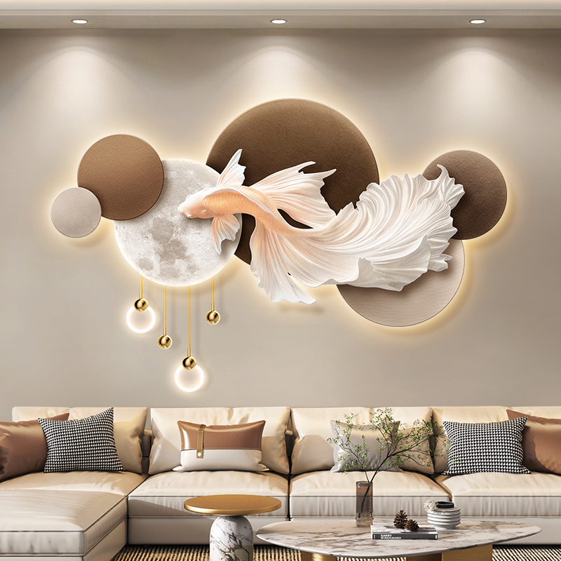 好运锦鲤客厅装饰画现代轻奢沙发背景墙挂画2025新款高级感壁灯画