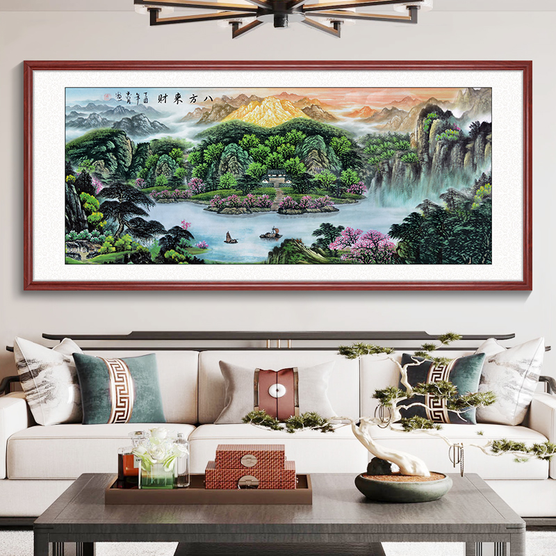 八方来财鸿运当头迎客松聚宝盆山水画新中式客厅挂画办公室装饰画