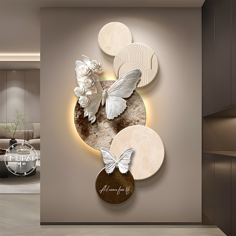 蝴蝶立体入户正对门玄关装饰画法式高级感壁画灯光画走廊过道挂画图片