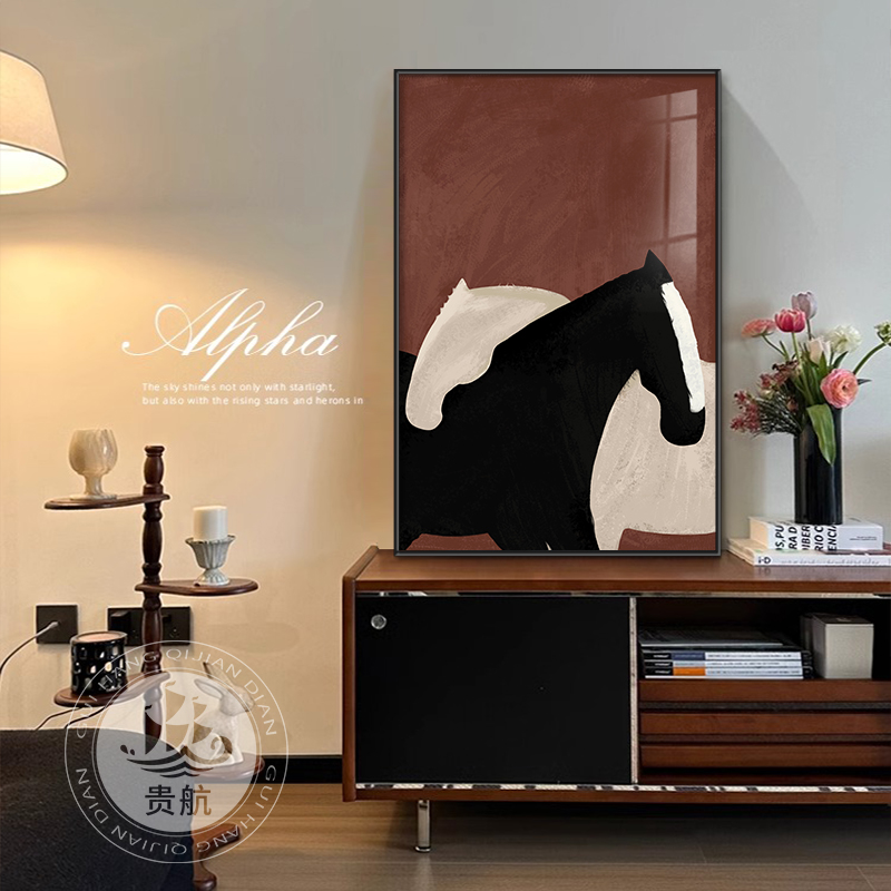 中古风客厅装饰画美拉德沙发背景墙挂画抽象艺术马年玄关大气壁画