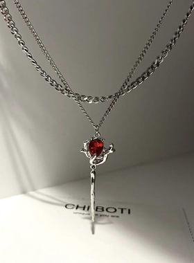 红色饰品无人区玫瑰项链暗黑双层链条叠戴项链红锆石吊坠高级感配