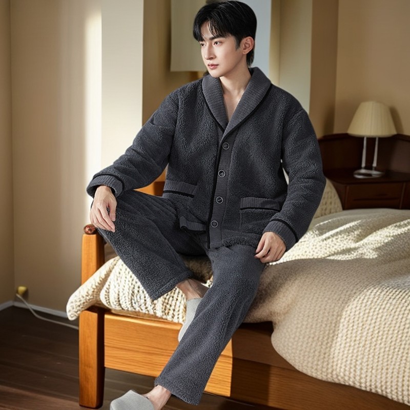 加厚北羔绒睡衣男士冬季珊瑚绒加绒男款秋冬法兰绒大码冬款家居服