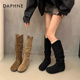 达芙妮堆堆靴小众复古卡其色长靴西部靴骑士靴秋季 高筒韩版 女靴子