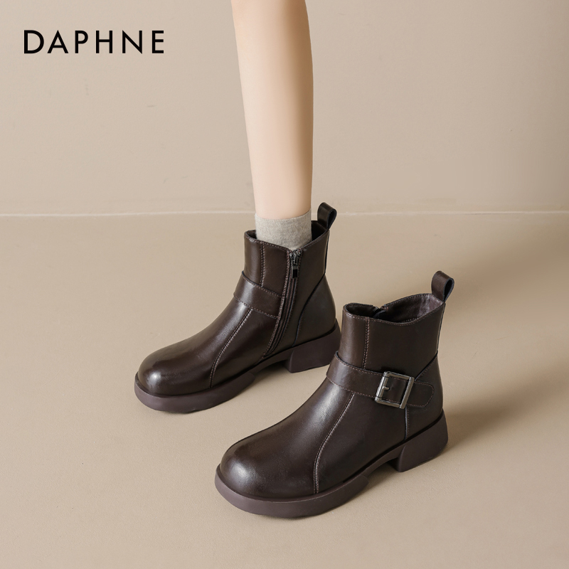 达芙妮粗跟加绒棕色短靴女瘦瘦靴