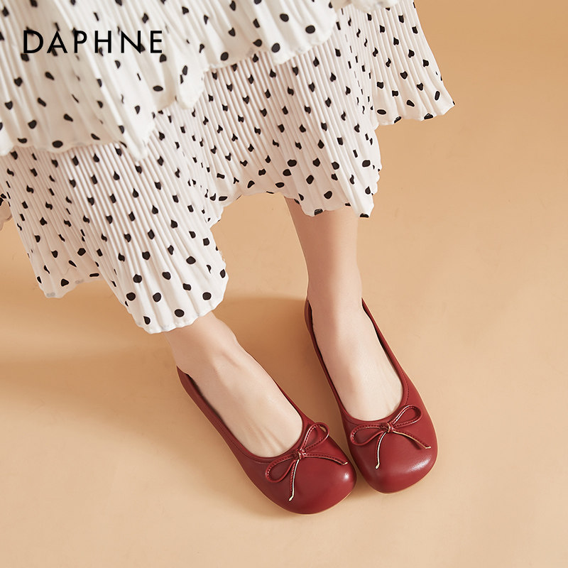 达芙妮奶奶鞋女春季软皮舒适浅口平底鞋2022新款蝴蝶结圆头单鞋女