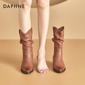 爆款 达芙妮棕色骑士靴女秋季 2026新款 粗跟堆堆靴复古百搭尖头短靴