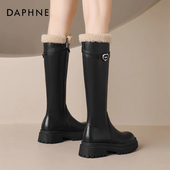 达芙妮黑色长筒靴女秋冬加绒靴子毛毛棉靴法式 高筒长靴毛绒雪地靴
