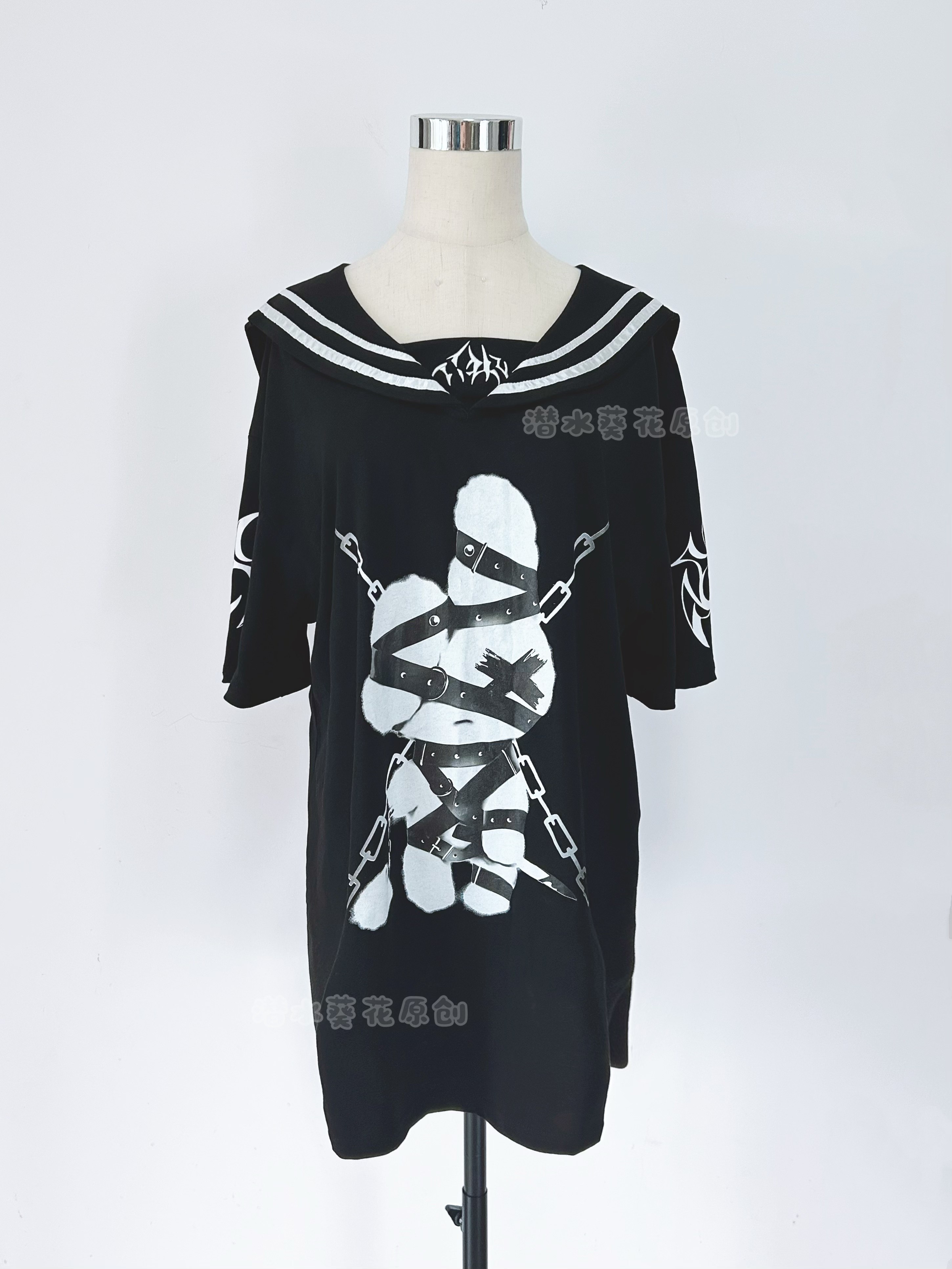 thumbnail for | Bondage Rabbit | Original black and white two-tone sailor suit Subculture print loose gothic dark Japanese T-shirt