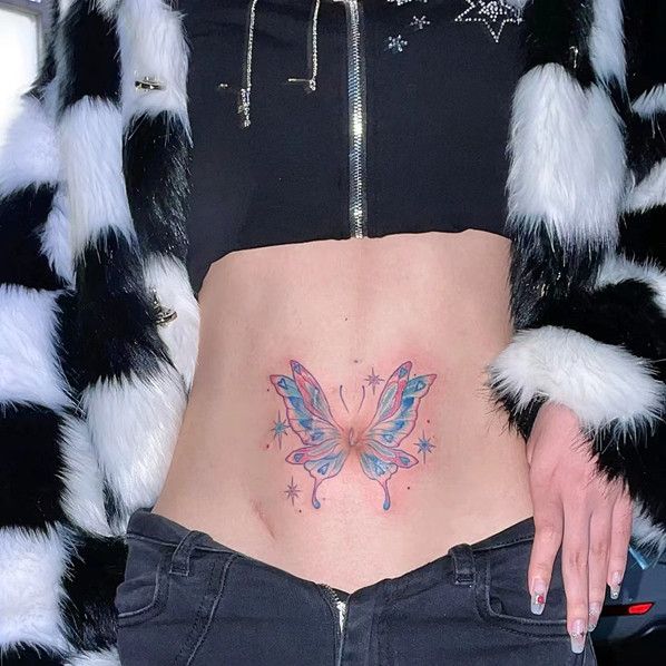 腹部蝴蝶纹身贴遮盖疤痕贴女性小腹后腰性感防水纹身贴