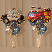饰卡通警车消防车发光桌飘气球场景布置 男孩汽车主题周岁生日装