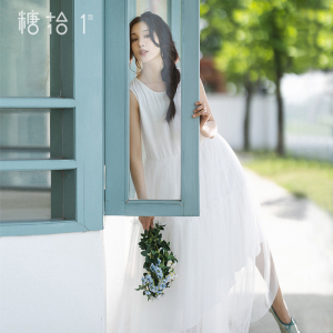 现货【白芍】圆领无袖连衣裙女士夏季白色宽松背心裙拼接网纱长裙