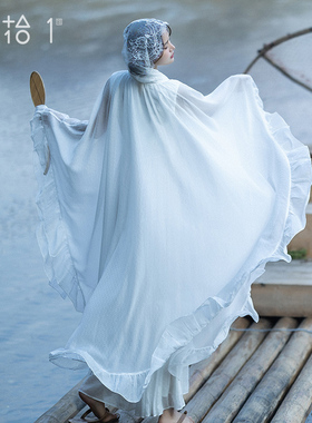 【浮光袂】复古白色披肩女春季精致蕾丝连帽斗篷系带披风飘逸外套