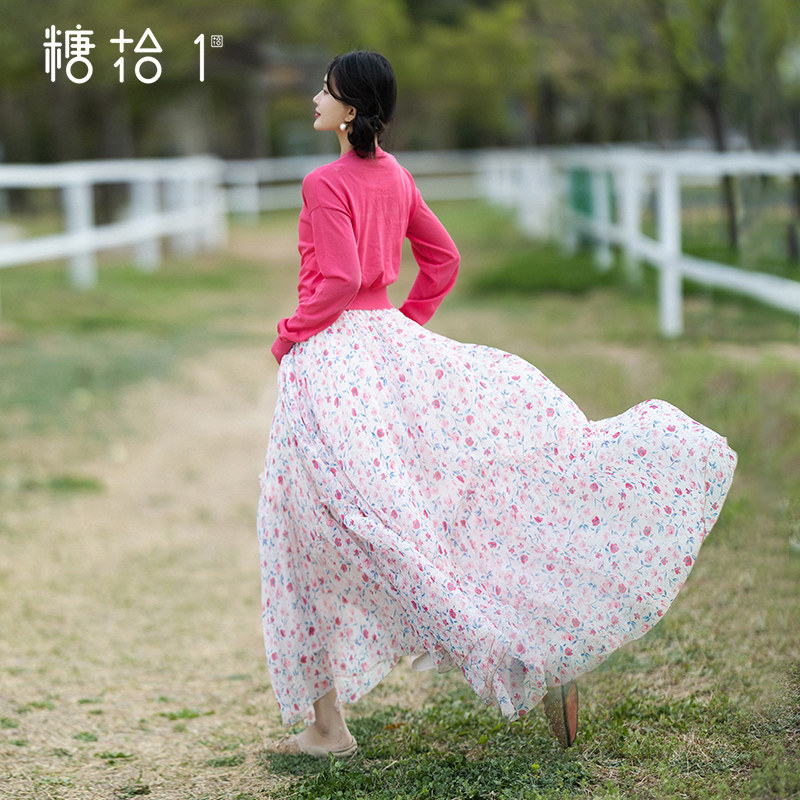 波浪抽褶印花半身裙女夏季浪漫裙