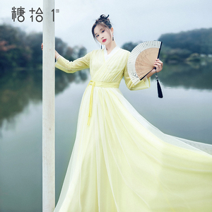 特惠【芳菲腊梅】复古中式交领大摆连衣裙女收腰网纱仙气长裙春季