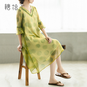 糖十一天丝印花连衣裙女夏中长款2025年新款波点长裙宽松显瘦裙子