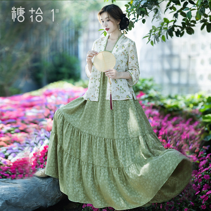 【谷雨】复古印花撞色开衫仿缎面提花拼接吊带裙女士夏季精致套装,女装/女士精品,汉服连衣裙,淘宝优惠券,粉丝福利购,淘宝优惠卷