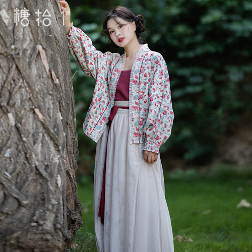 灯芯绒印花开衫女吊带一片