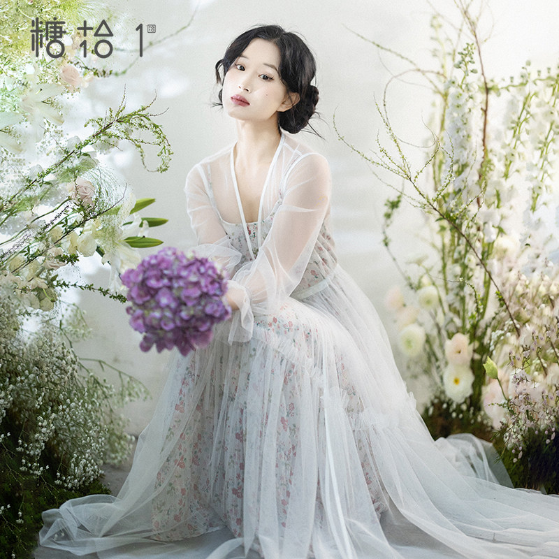 现货【一念飞花】白色网纱V领蕾丝开衫外套女夏新款吊带连衣长裙