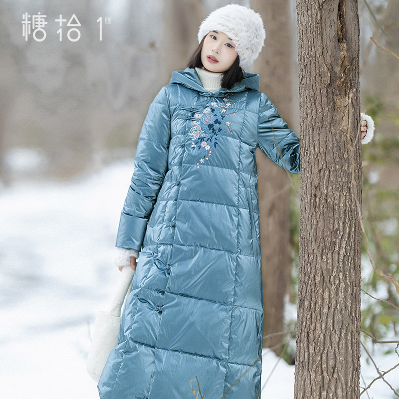 复古连帽国风羽绒服长款女冬