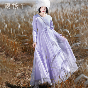 现货【秋香入赋】文艺针织网纱连衣裙女2022年秋套头大摆型长裙子