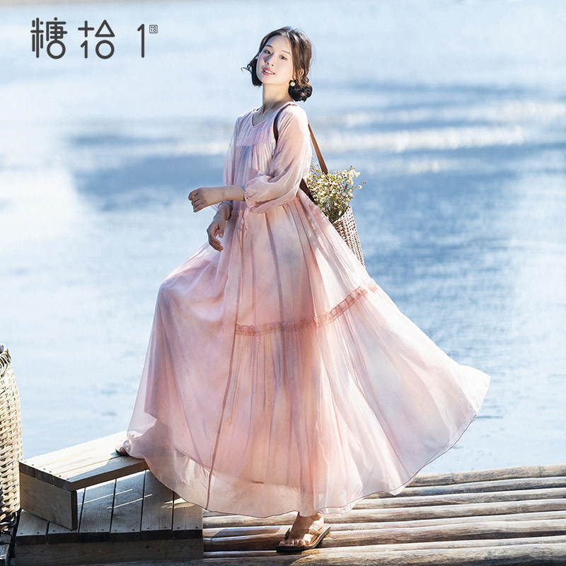 浪漫粉色晕染连衣裙女春季新款