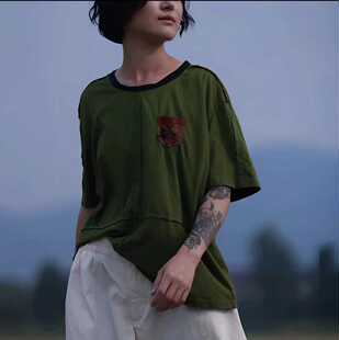 小红分享-古蘭木-宽松拼接圆领复古百搭T恤2920