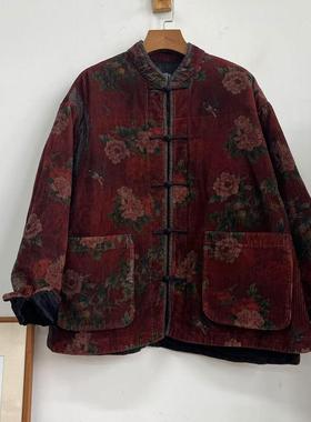 荼-2024新款立领盘口宽松花色条绒短棉服35698