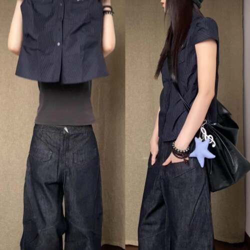 黑色韩版复古翻领短袖衬衫女2026新款夏季简约修身显瘦设计感上衣