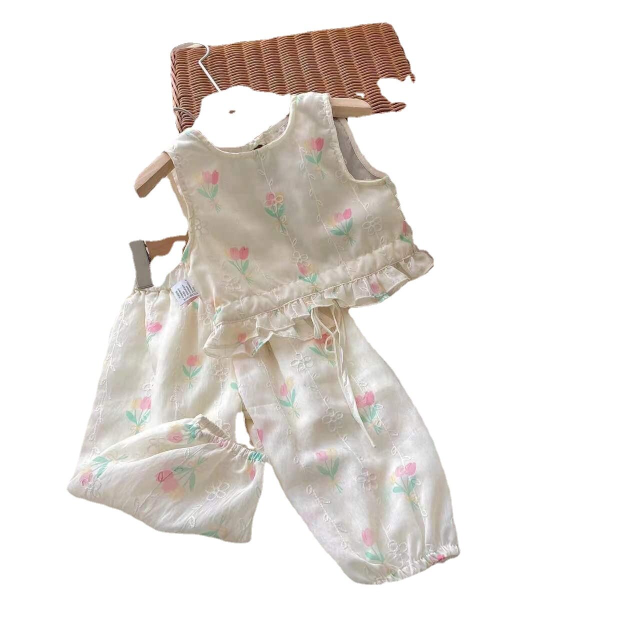 GIRL SUMMER DRESS SET 2024 NEW FASHIONABLE FOREIGN BABY GIRL INTERNET CELEBRITY SUMMER SLEEVELESS VEST PANTS TWO PIECE SET