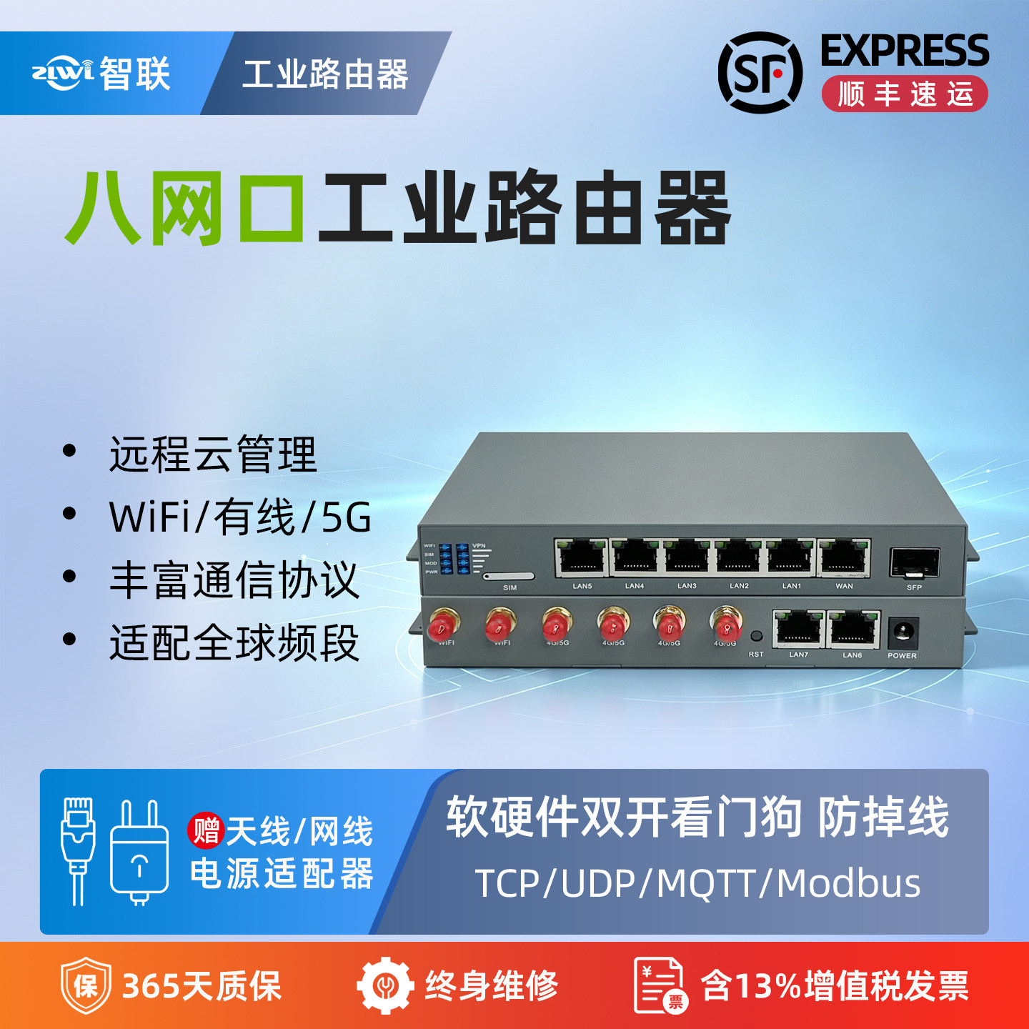 ZLWL/智联 8网口1光口工业级路由器全网通千兆端口无线WiFi专网插卡模块1路串口RS232/485远程运维安防监控