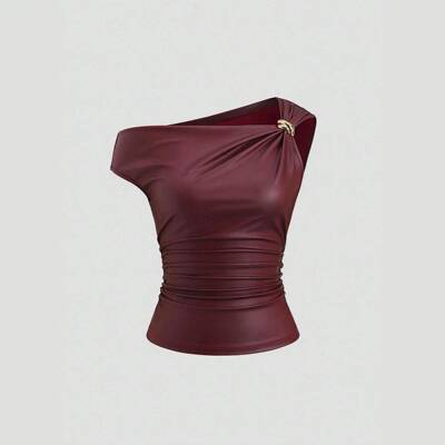 Women's Leather Metal Decor Casual Fashion Top  Irregular