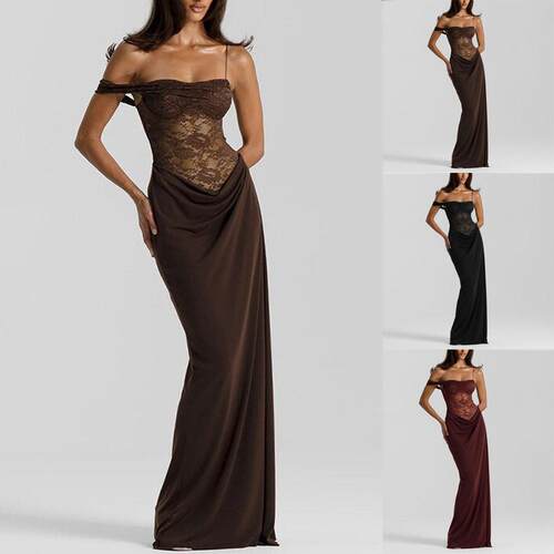 Elegant Lace Patchwork Formal Evening Dress One Shoulder