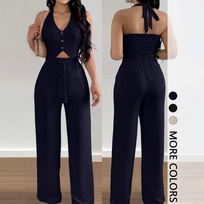 Women's Halter Crop Top & Wide-Leg Pants Set Womenswear
