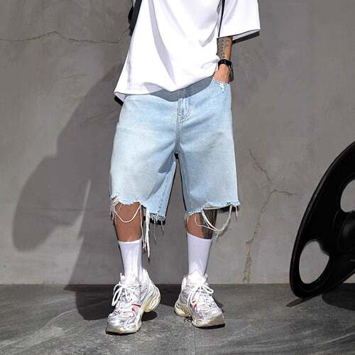 Mens Regular Fit Solid Color Ripped Denim Shorts Casual