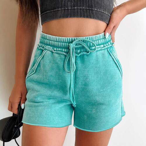 Mineral Washed Drawstring Elastic Waist Raw Cut Shorts